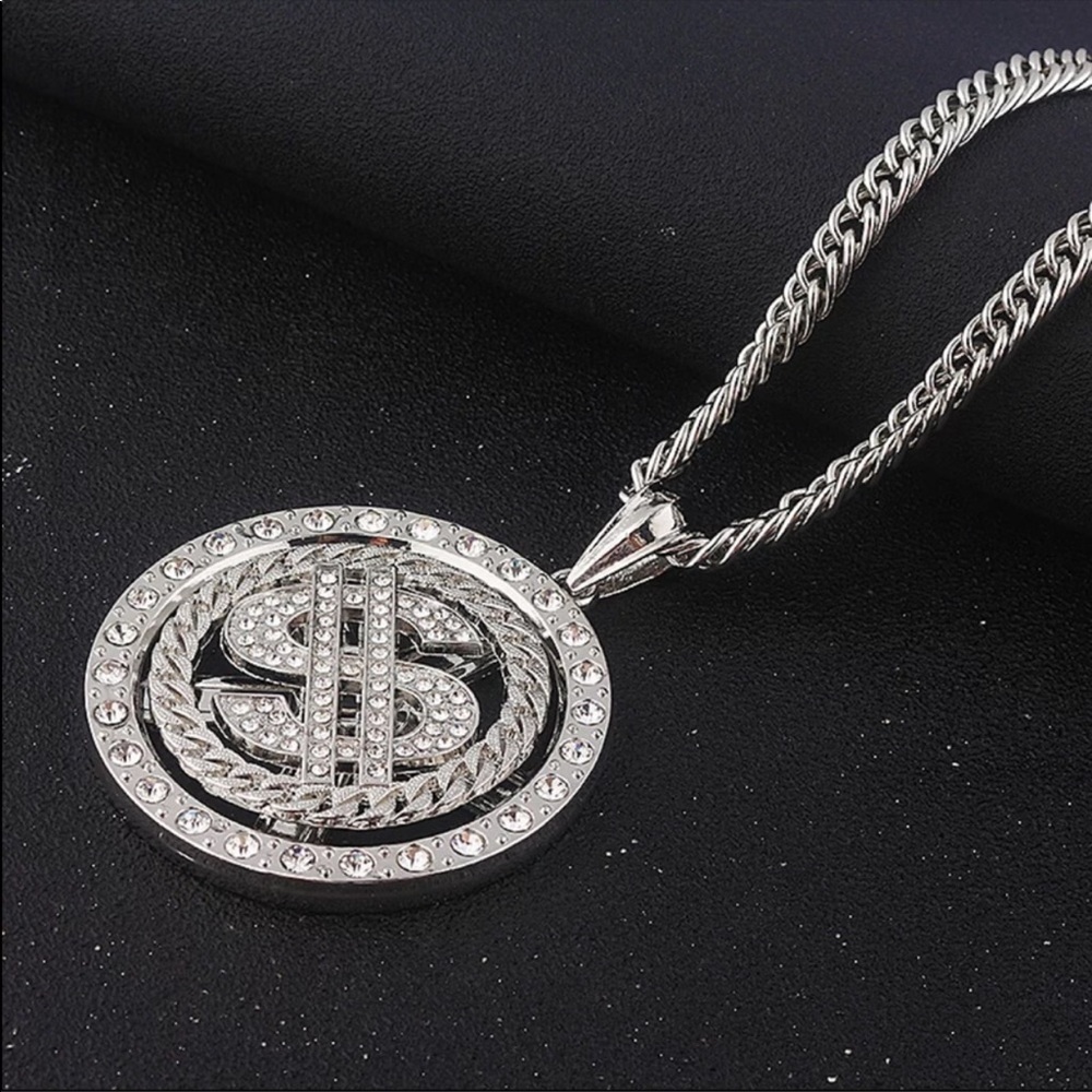 NEW MEN SILVER MONEY DOLLAR SIGN CUBAN NECKLACE